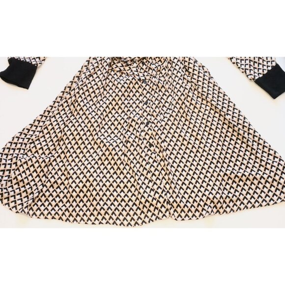 Geometric Print Tie Waist Dress Long Sleeve Black Button Vintage Retro 70s - Picture 6 of 9